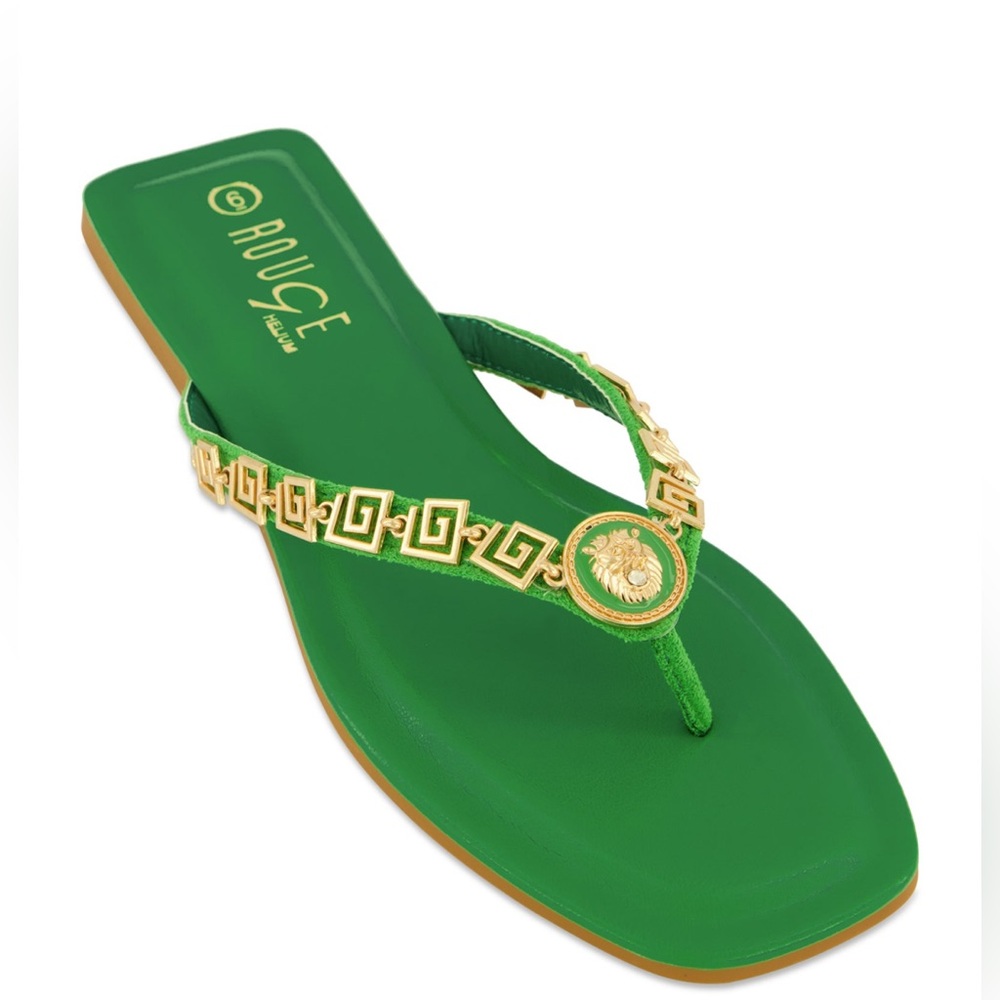 Green and Gold Sandals with Greek Key Chain Strap